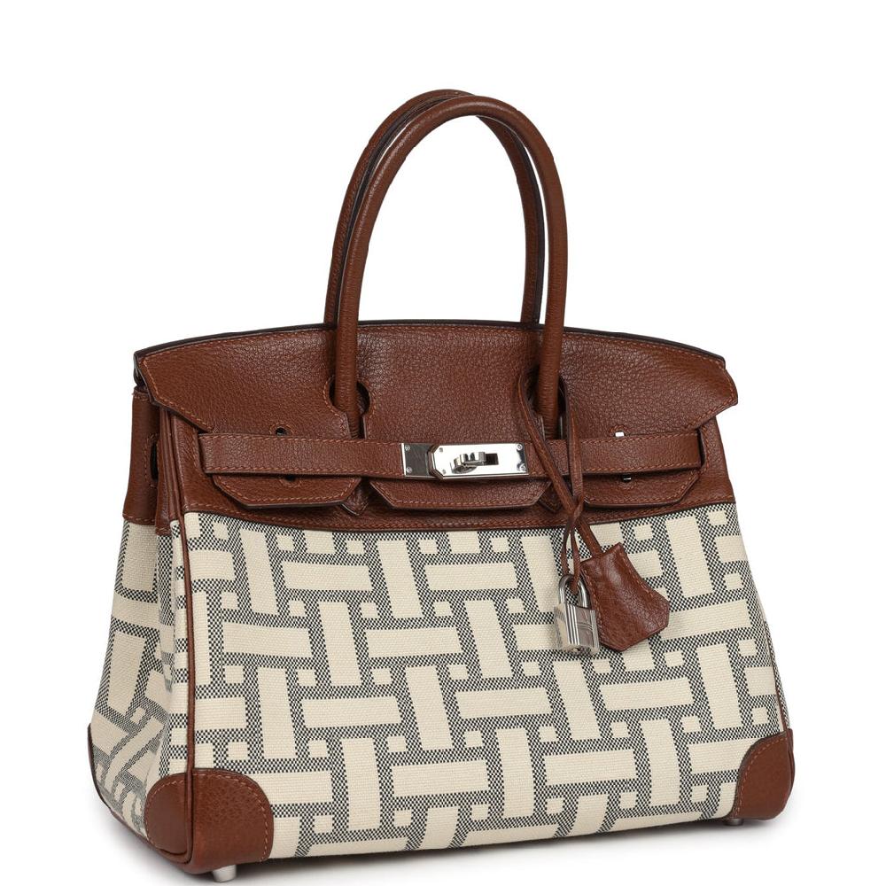 Pre-owned Hermes Birkin 30 Marron D'Inde Buffalo And Mosaique Canvas Palladium Hardware
