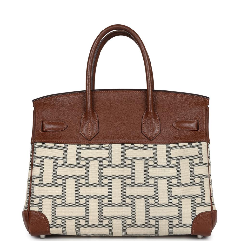 Pre-owned Hermes Birkin 30 Marron D'Inde Buffalo And Mosaique Canvas Palladium Hardware