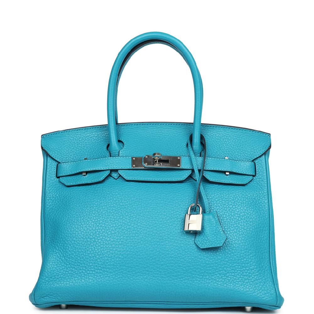 Pre-owned Hermes Birkin 30 Turquoise Clemence Palladium Hardware