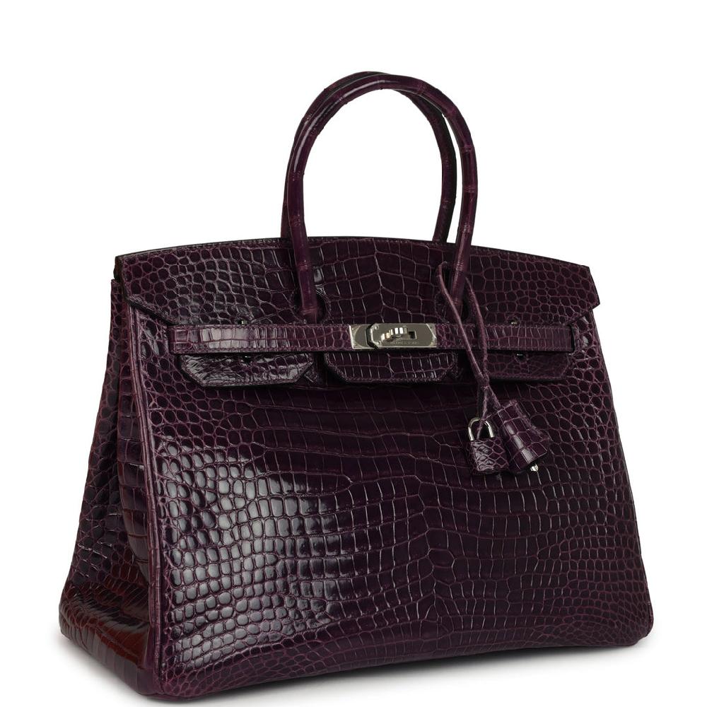 Pre-owned Hermes Birkin 35 Amethyst Shiny Porosus Crocodile Palladium Hardware