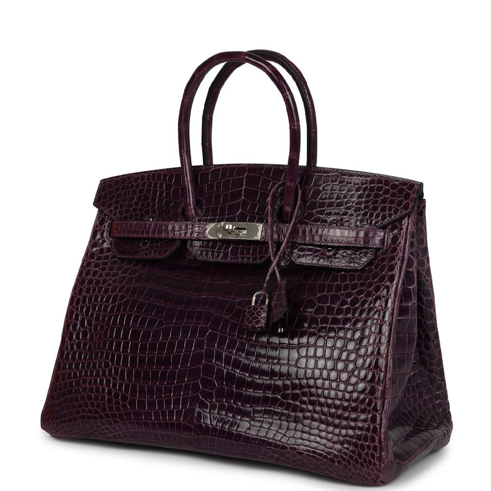 Pre-owned Hermes Birkin 35 Amethyst Shiny Porosus Crocodile Palladium Hardware