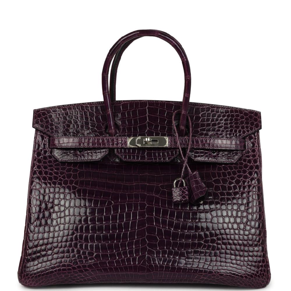 Pre-owned Hermes Birkin 35 Amethyst Shiny Porosus Crocodile Palladium Hardware