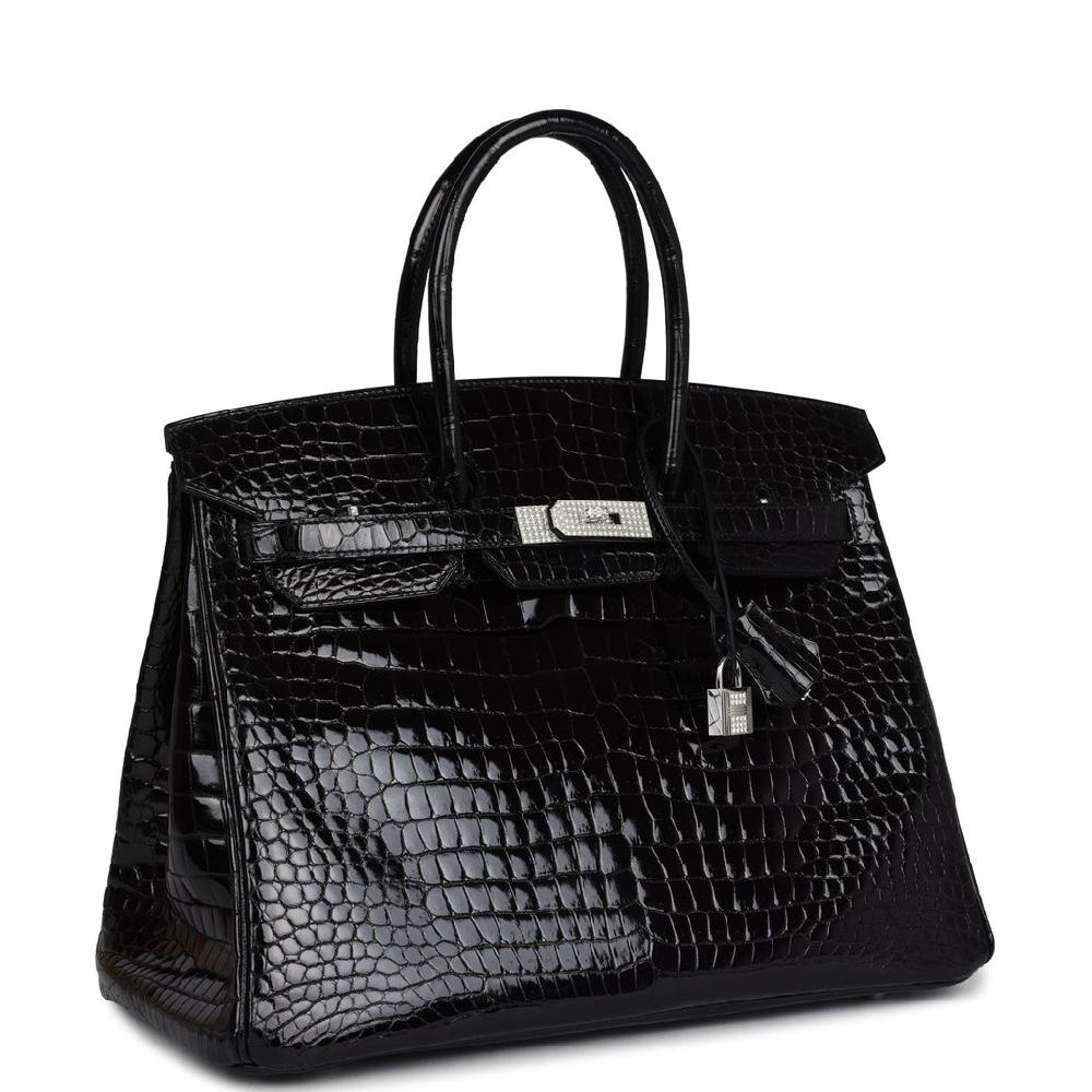 Pre-owned Hermes Birkin 35 Black Shiny Porosus Crocodile 18K White Gold Diamond Hardware