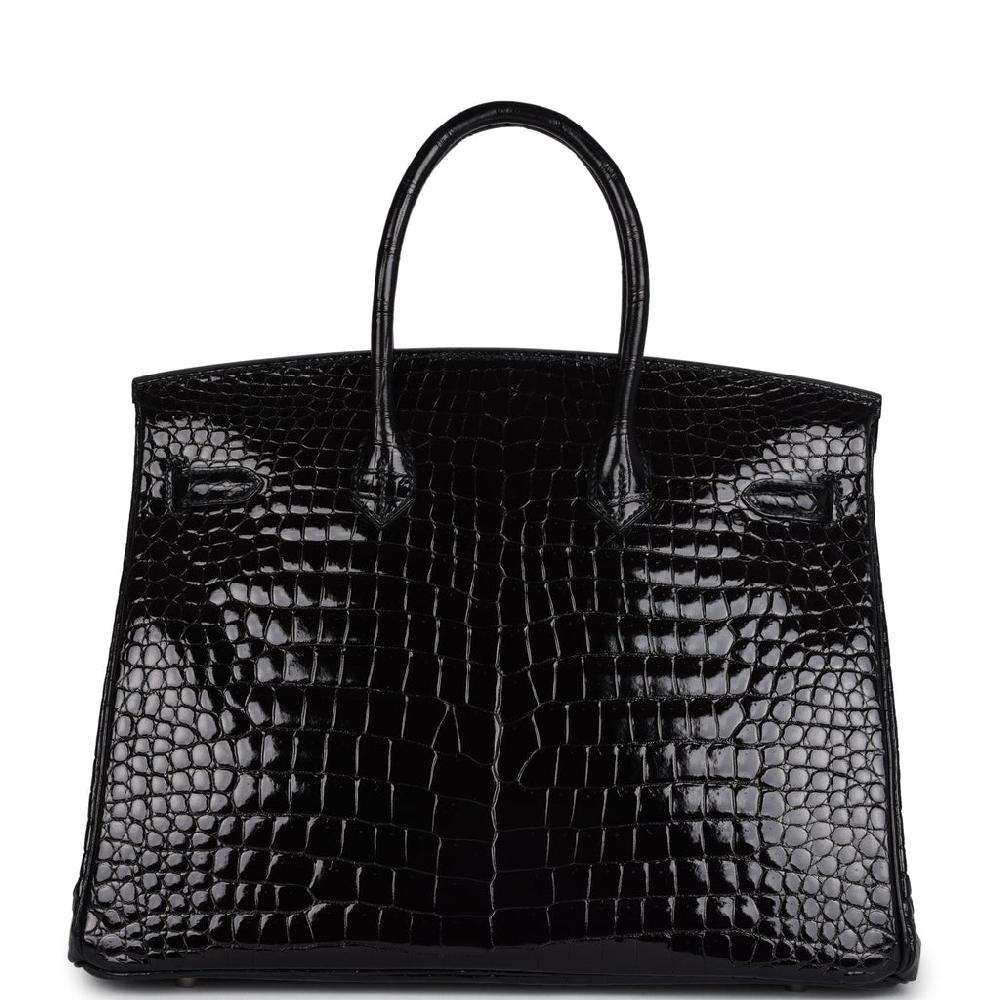 Pre-owned Hermes Birkin 35 Black Shiny Porosus Crocodile 18K White Gold Diamond Hardware