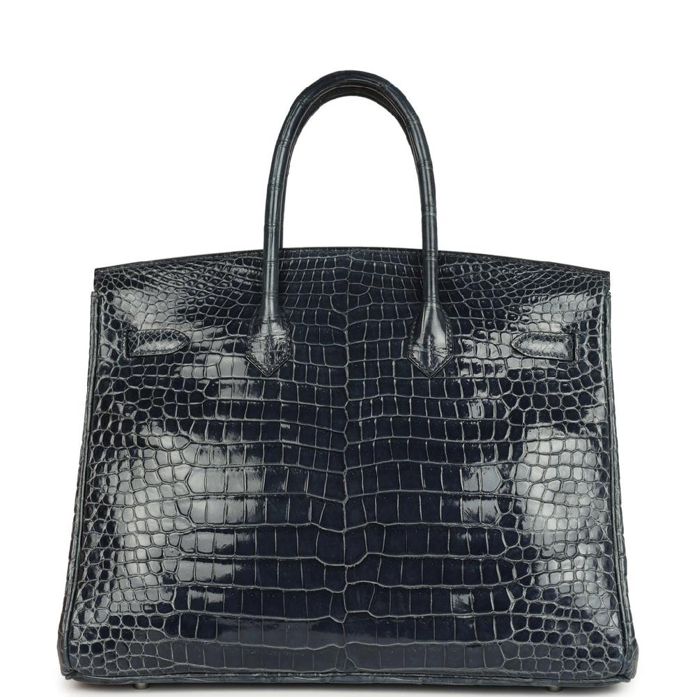 Pre-owned Hermes Birkin 35 Bleu Abysse Shiny Porosus Crocodile Palladium Hardware