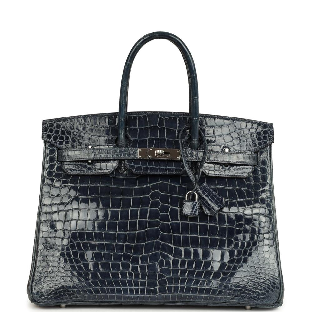 Pre-owned Hermes Birkin 35 Bleu Abysse Shiny Porosus Crocodile Palladium Hardware