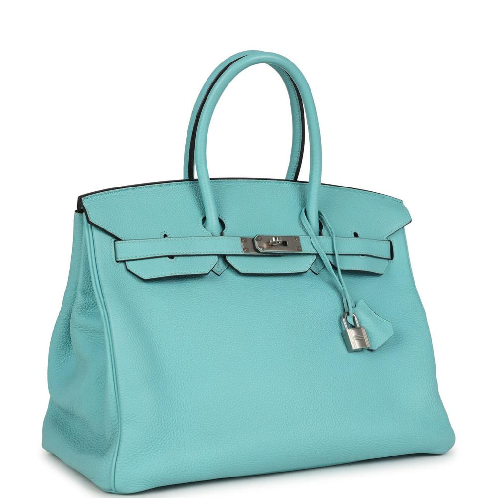 Pre-owned Hermes Birkin 35 Bleu Atoll Togo Palladium Hardware