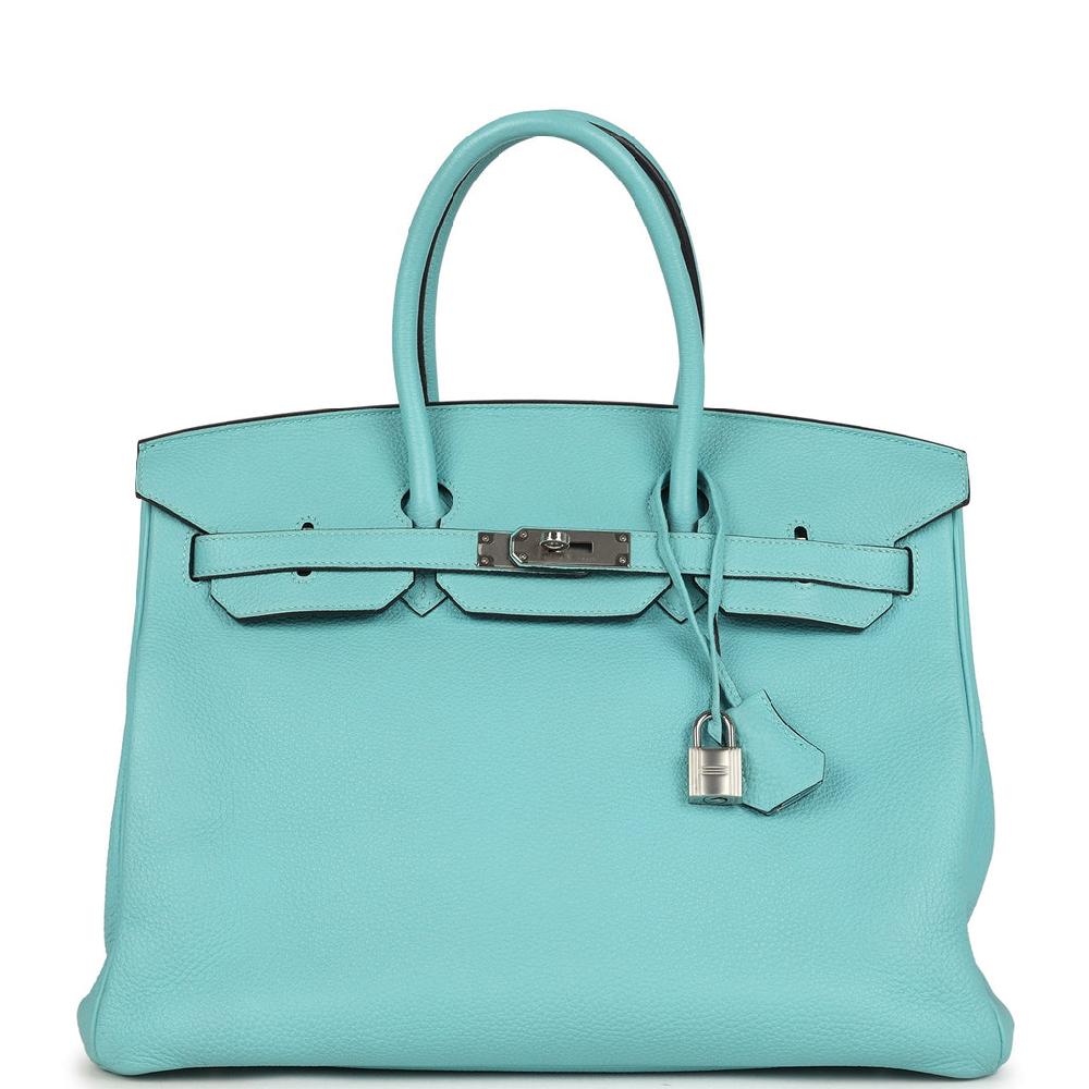 Pre-owned Hermes Birkin 35 Bleu Atoll Togo Palladium Hardware