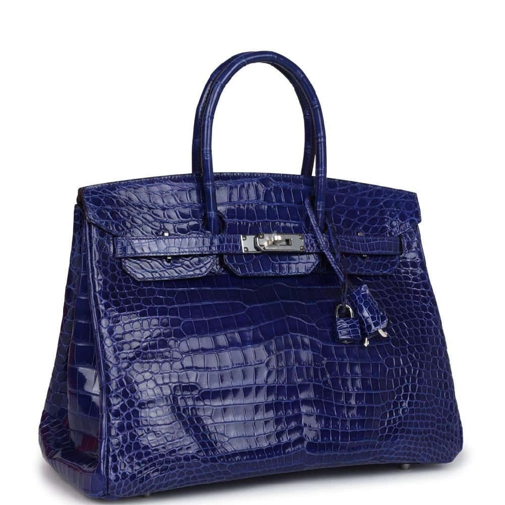 Pre-owned Hermes Birkin 35 Bleu Electric Shiny Porosus Crocodile Palladium Hardware