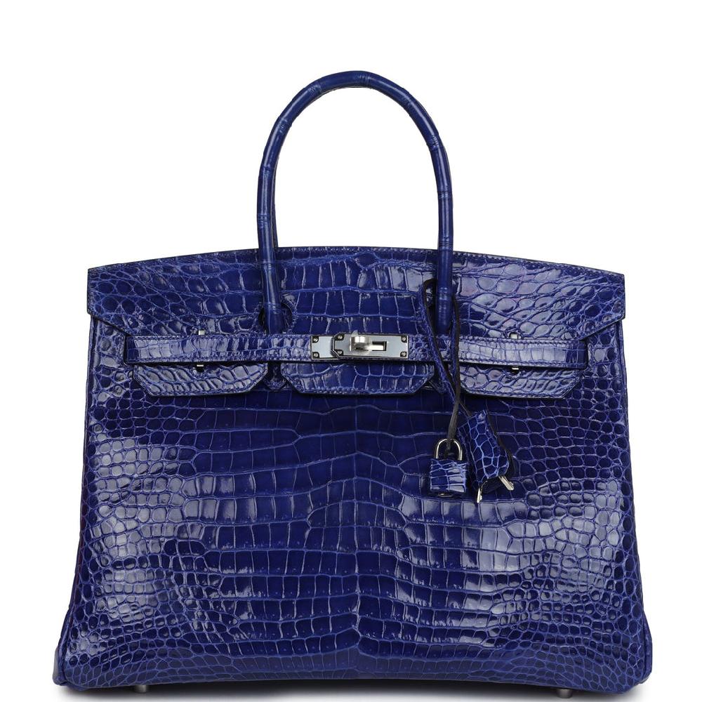 Pre-owned Hermes Birkin 35 Bleu Electric Shiny Porosus Crocodile Palladium Hardware
