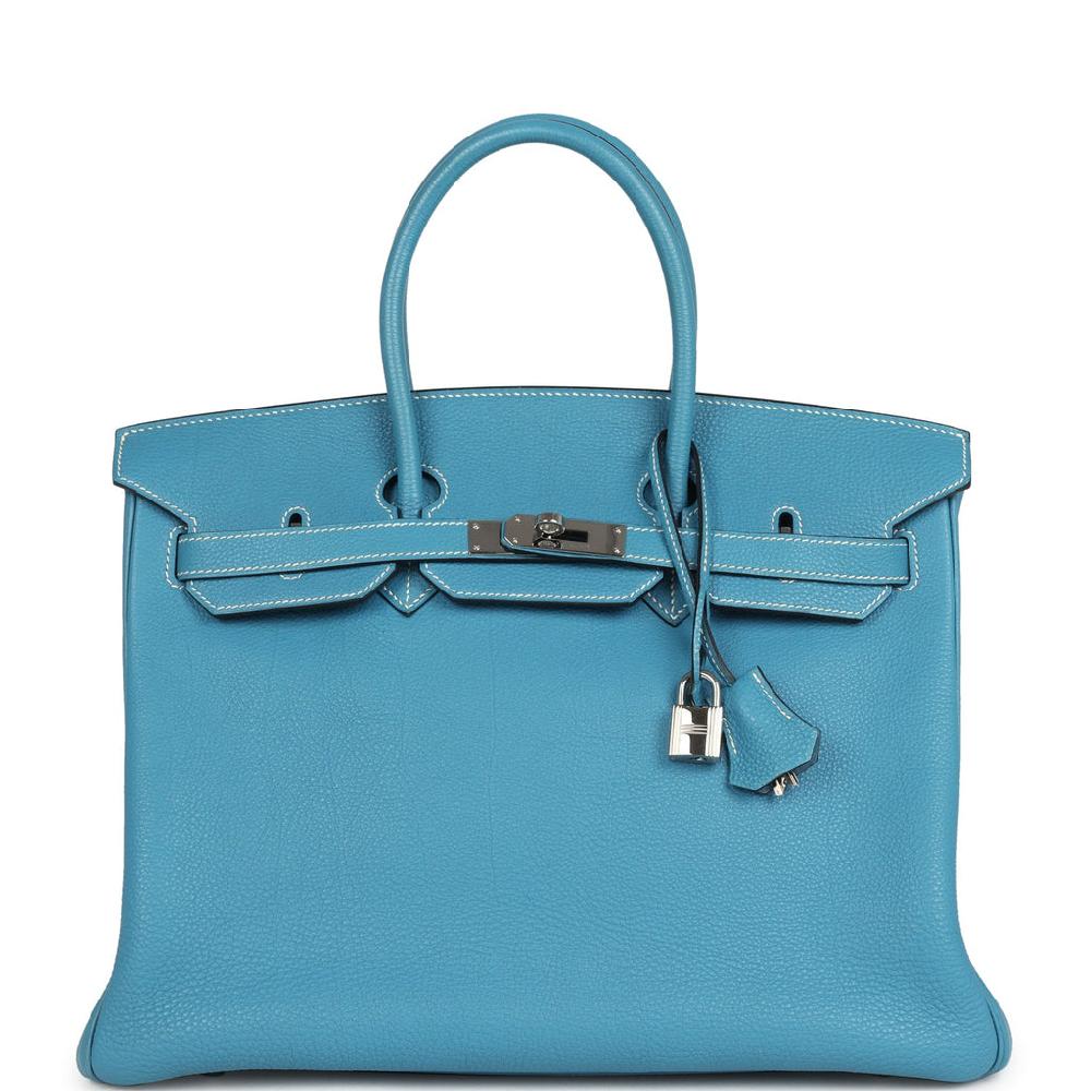 Pre-owned Hermes Birkin 35 Blue Jean Togo Palladium Hardware