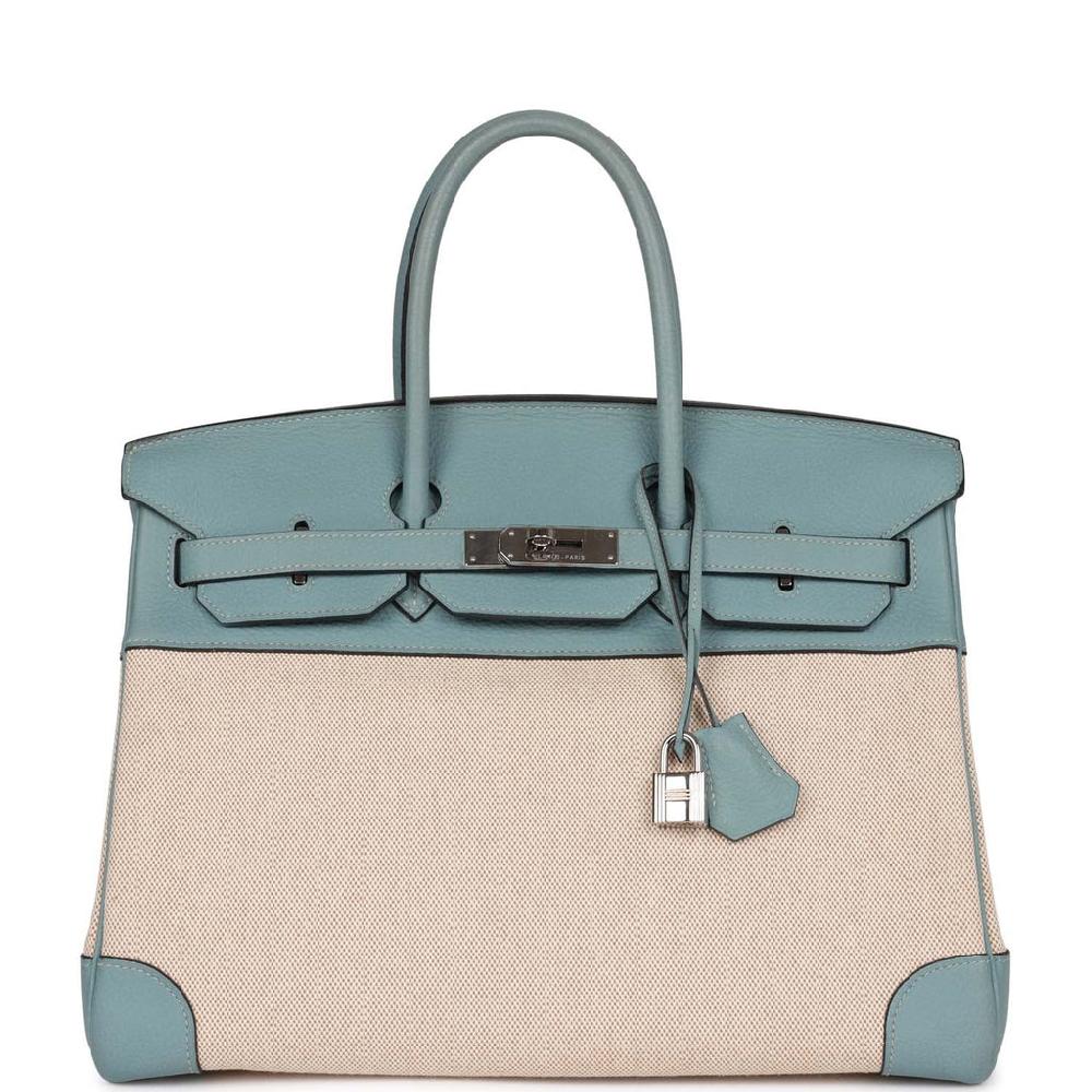 Pre-owned Hermes Birkin 35 Ciel Clemence and Ecru-Beige Toile H Palladium Hardware
