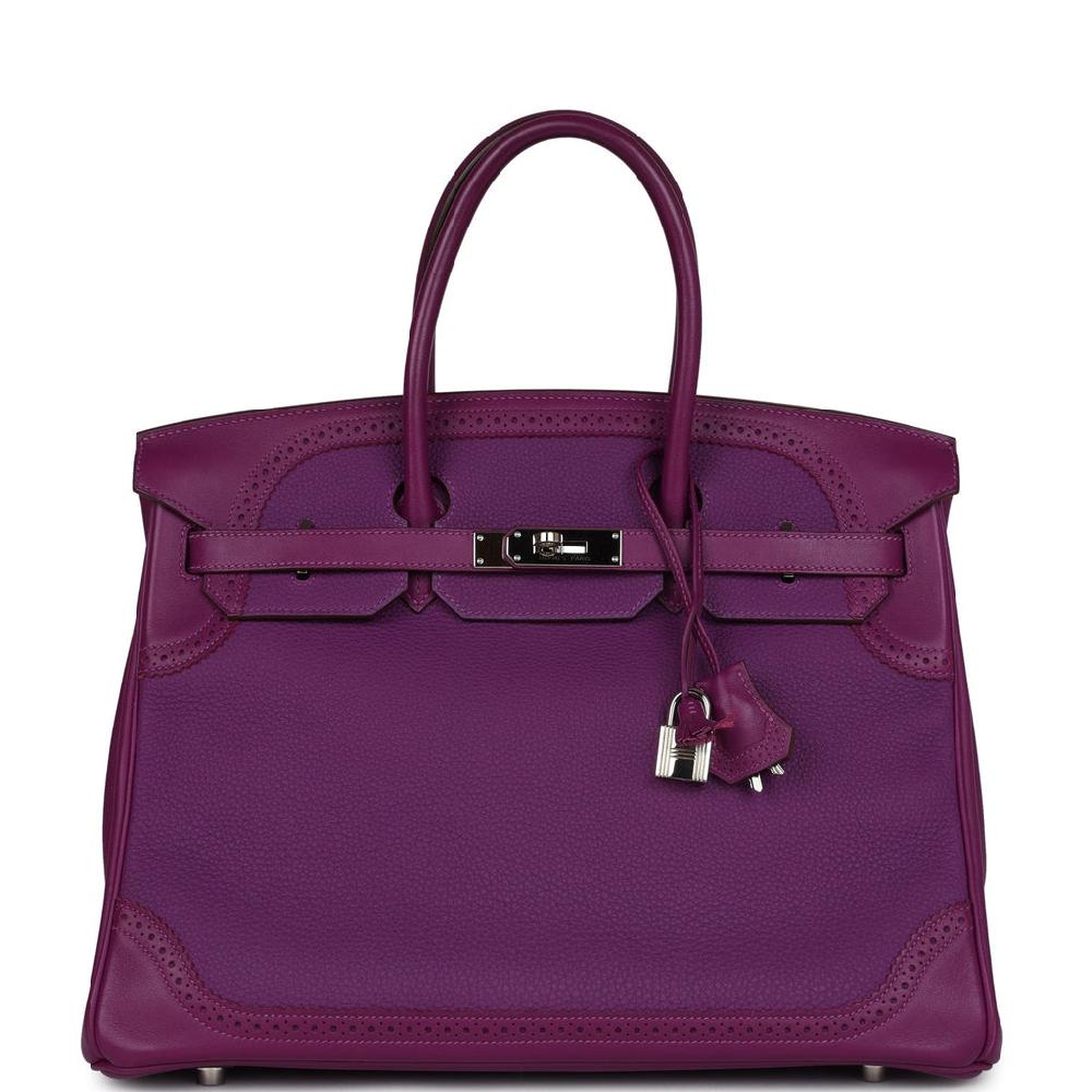 Pre-owned Hermes Birkin 35 Ghillies Anemone Togo and Swift Palladium Hardware