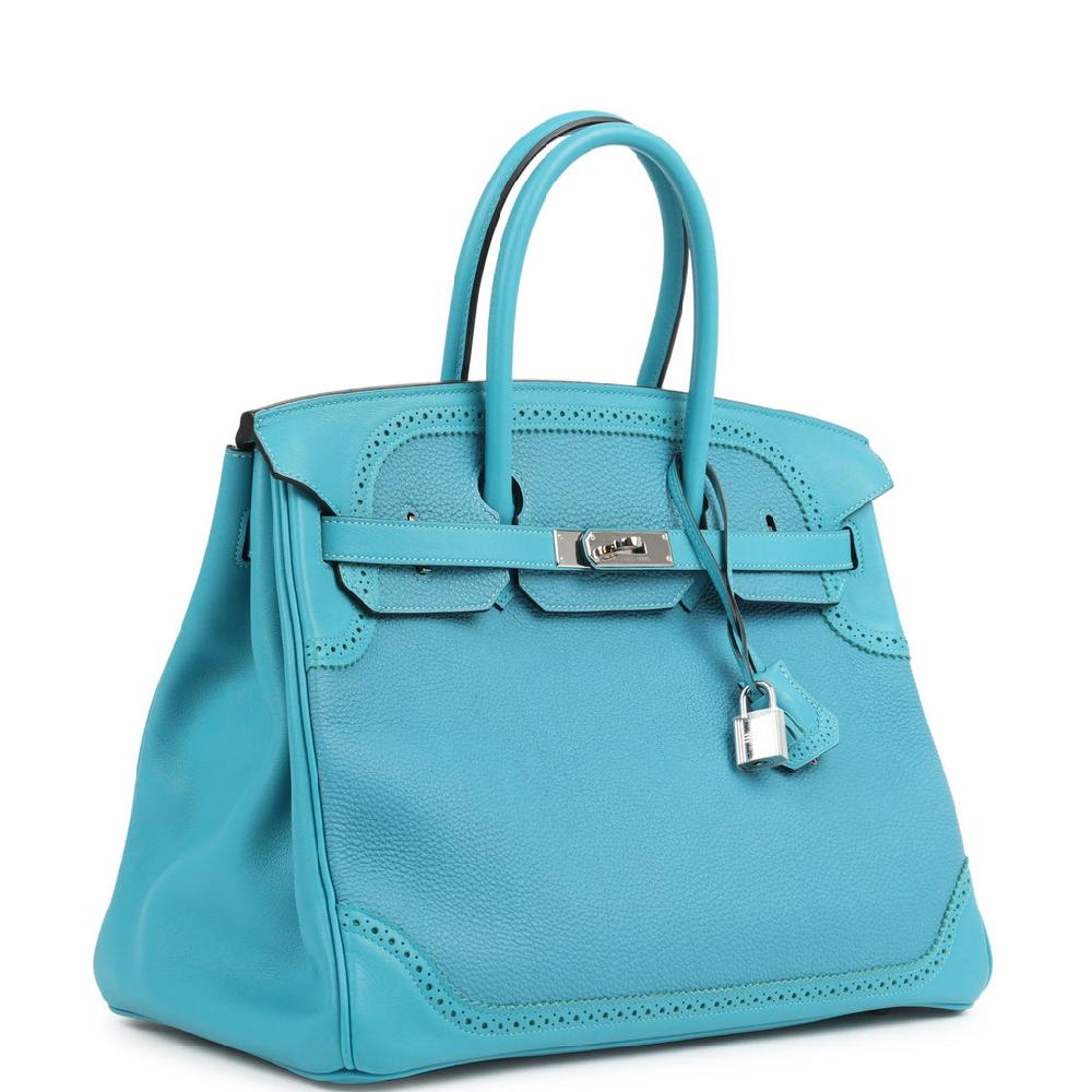 Pre-owned Hermes Birkin 35 Ghillies Turquoise Togo And Swift Palladium Hardware