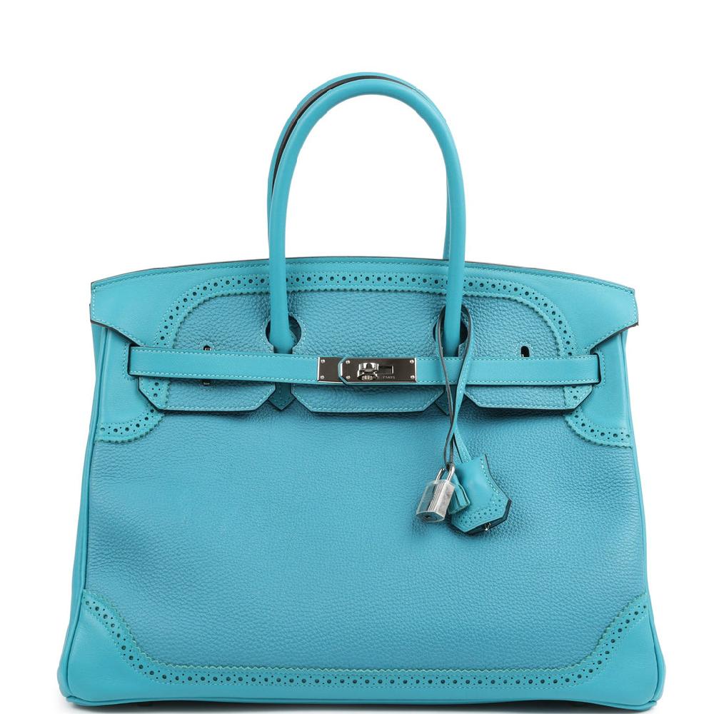 Pre-owned Hermes Birkin 35 Ghillies Turquoise Togo and Swift Palladium Hardware