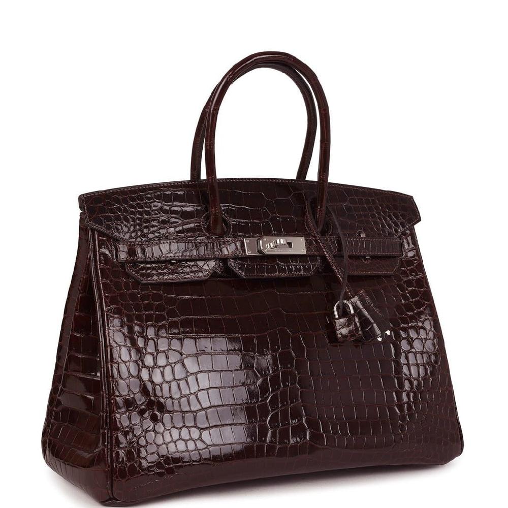 Pre-owned Hermes Birkin 35 Havane Shiny Porosus Crocodile Palladium Hardware