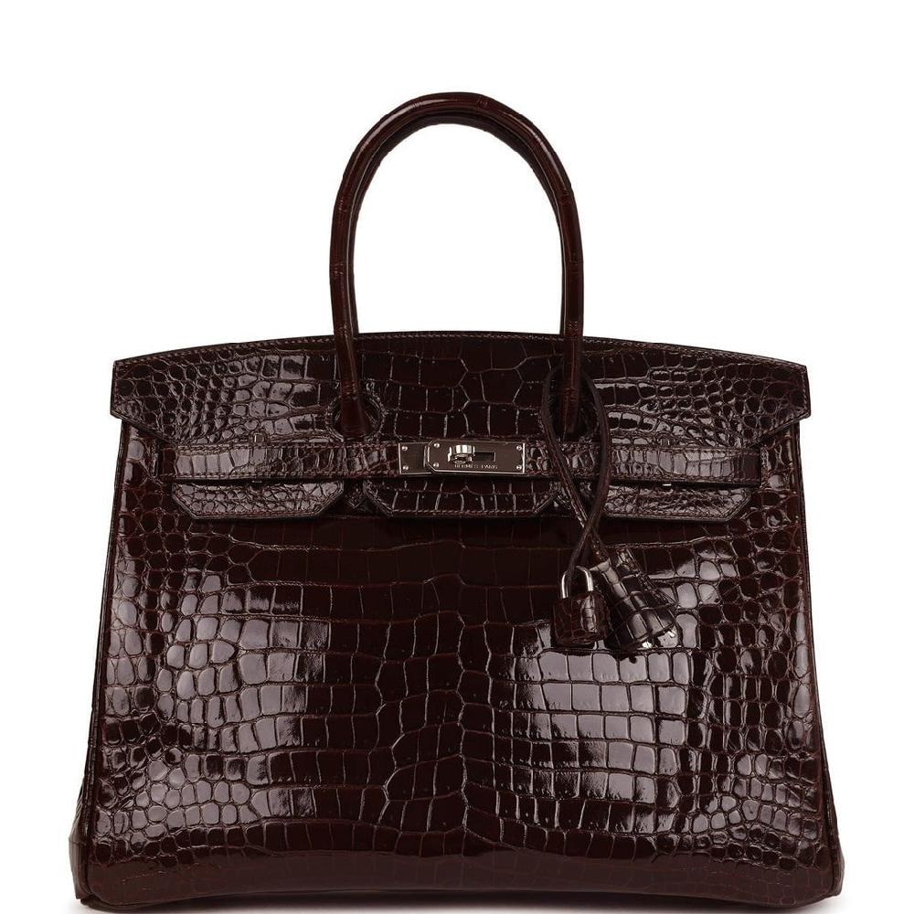 Pre-owned Hermes Birkin 35 Havane Shiny Porosus Crocodile Palladium Hardware