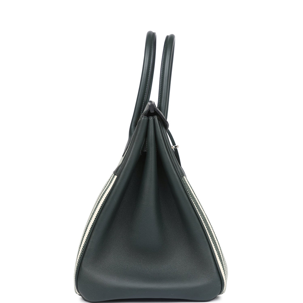 Pre-owned Hermes Birkin 35 Toile Riga And Vert Anglais Swift Palladium Hardware