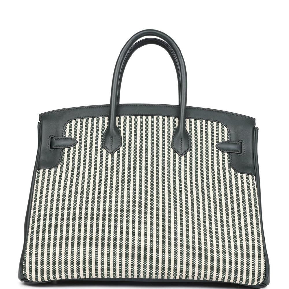 Pre-owned Hermes Birkin 35 Toile Riga And Vert Anglais Swift Palladium Hardware