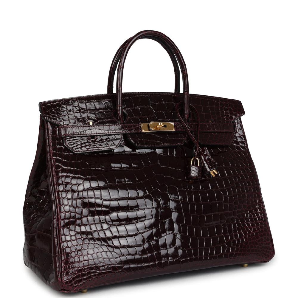 Pre-owned Hermes Birkin 40 Bordeaux Shiny Porosus Crocodile Gold Hardware