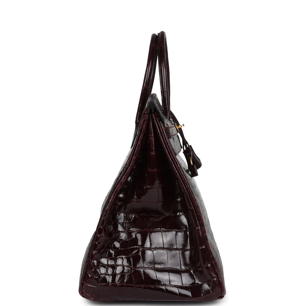 Pre-owned Hermes Birkin 40 Bordeaux Shiny Porosus Crocodile Gold Hardware