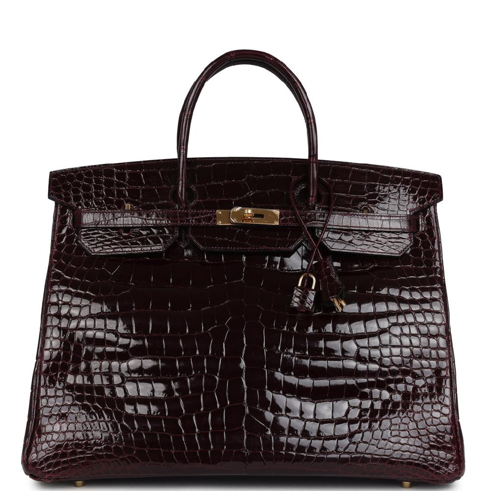 Pre-owned Hermes Birkin 40 Bordeaux Shiny Porosus Crocodile Gold Hardware