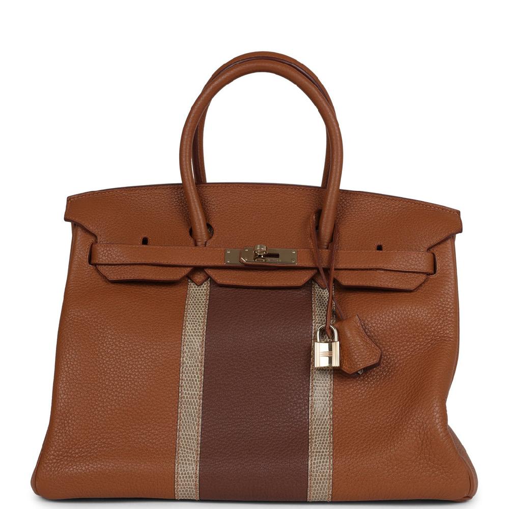 Pre-owned Hermes Birkin Club 35 Gold and Marron d'Inde Clemence and Ficelle Lizard Permabrass Hardware