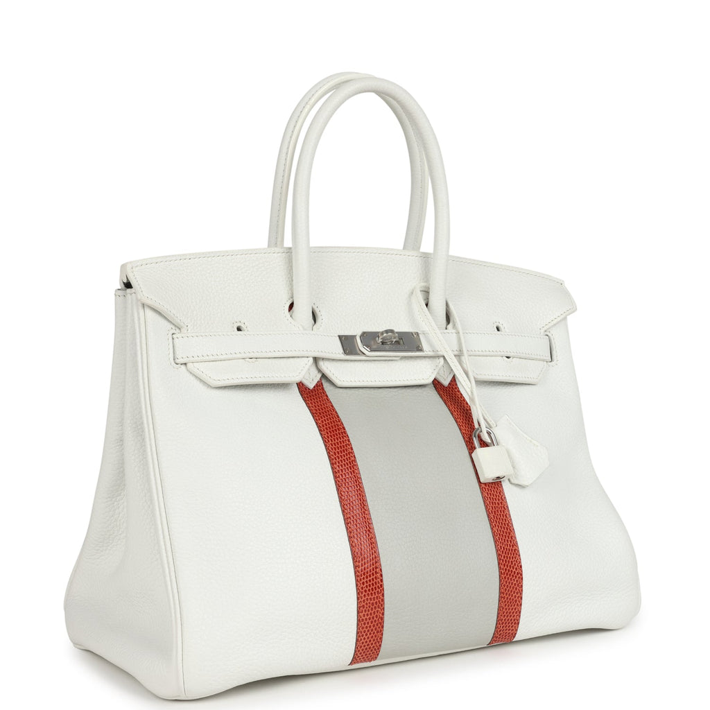 Pre-owned Hermes Birkin Club 35 White And Gris Perle Clemence And Sanguine Lizard Palladium Hardware