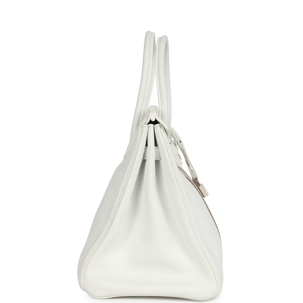 Pre-owned Hermes Birkin Club 35 White And Gris Perle Clemence And Sanguine Lizard Palladium Hardware