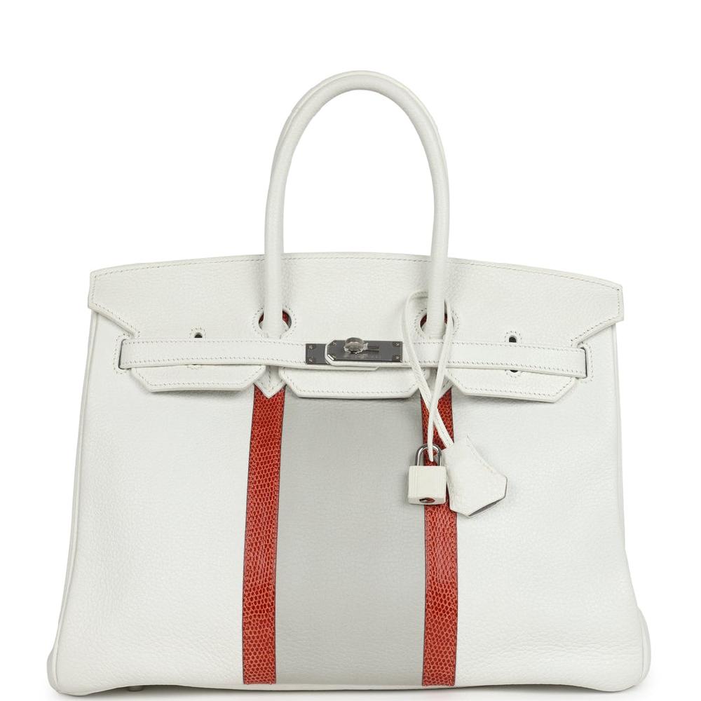 Pre-owned Hermes Birkin Club 35 White and Gris Perle Clemence and Sanguine Lizard Palladium Hardware