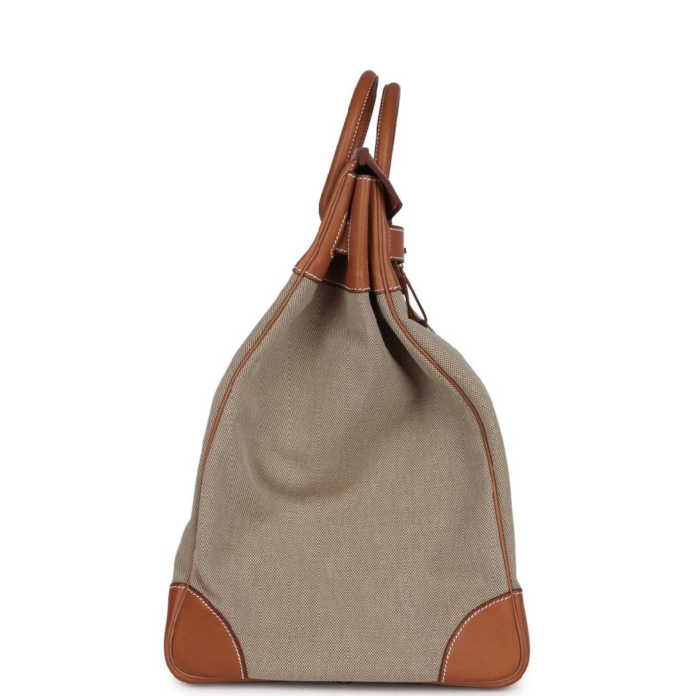 Pre-owned Hermes Birkin HAC 50 Flag Ficelle Toile H Fauve Barenia And Bleu Toile H Canvas Gold Hardware