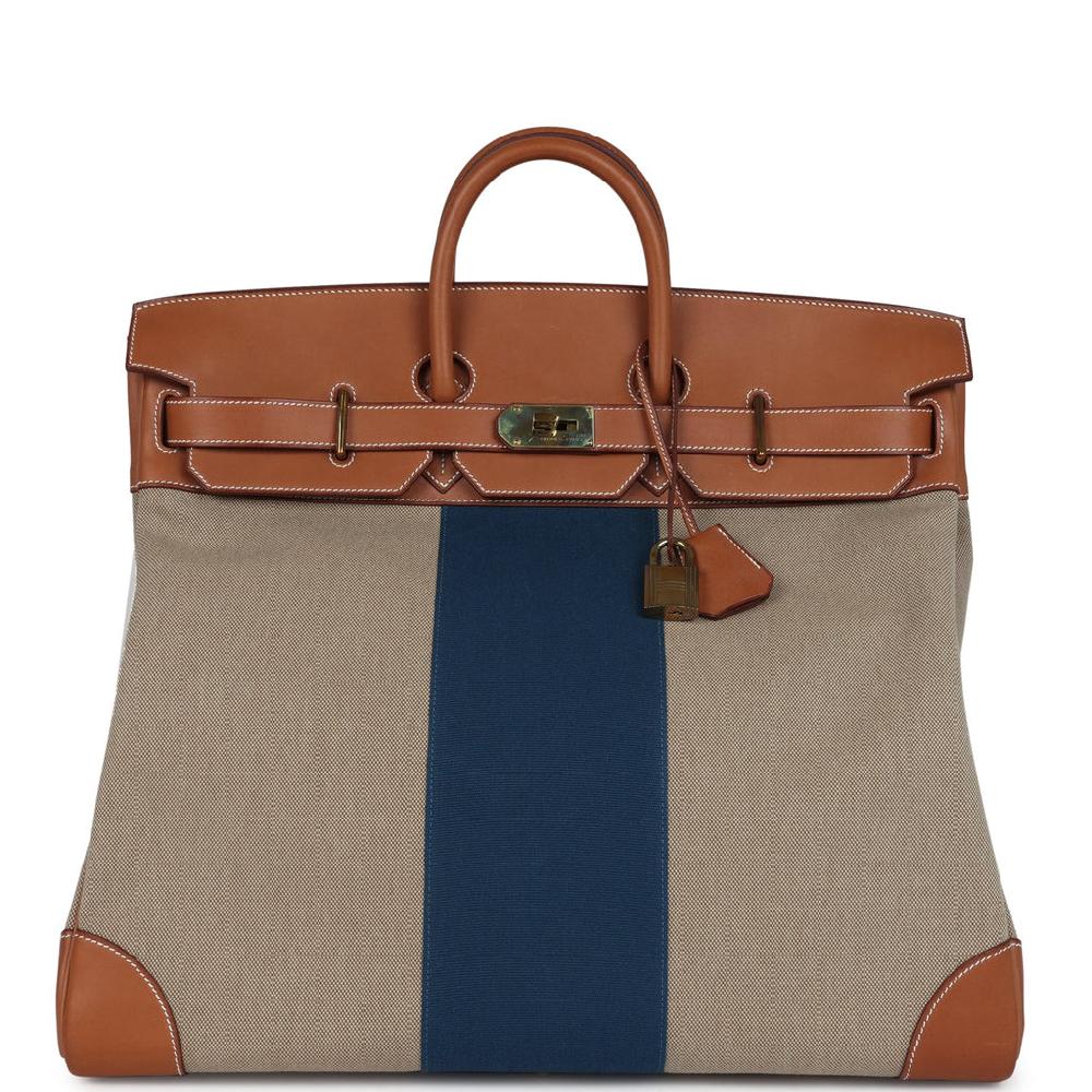 Pre-owned Hermes Birkin HAC 50 Flag Ficelle Toile H Fauve Barenia and Bleu Toile H Canvas Gold Hardware
