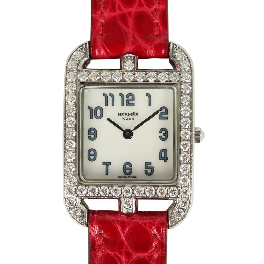 Pre-owned Hermes Cape Cod Watch Large Braise Shiny Alligator Steel Hardware & Diamonds