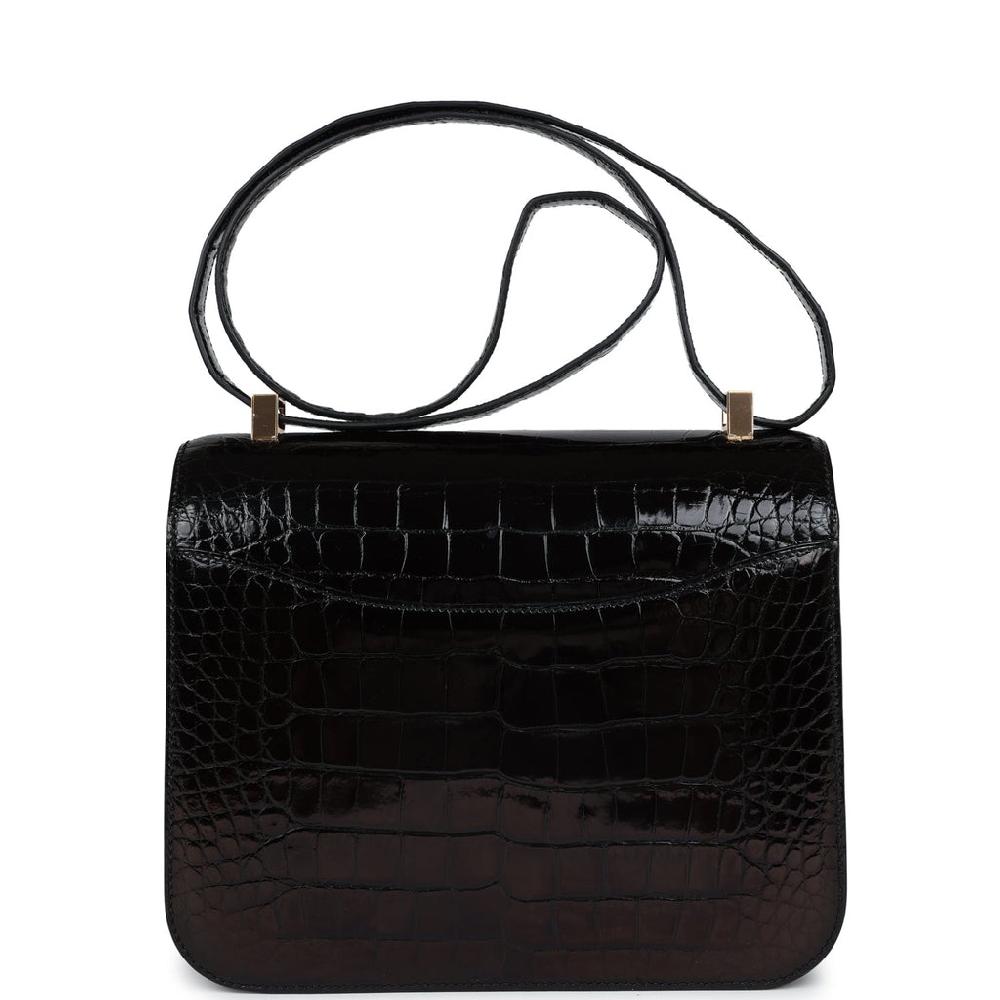 Pre-owned Hermes Constance 24 Black Shiny Alligator Rose Gold Hardware