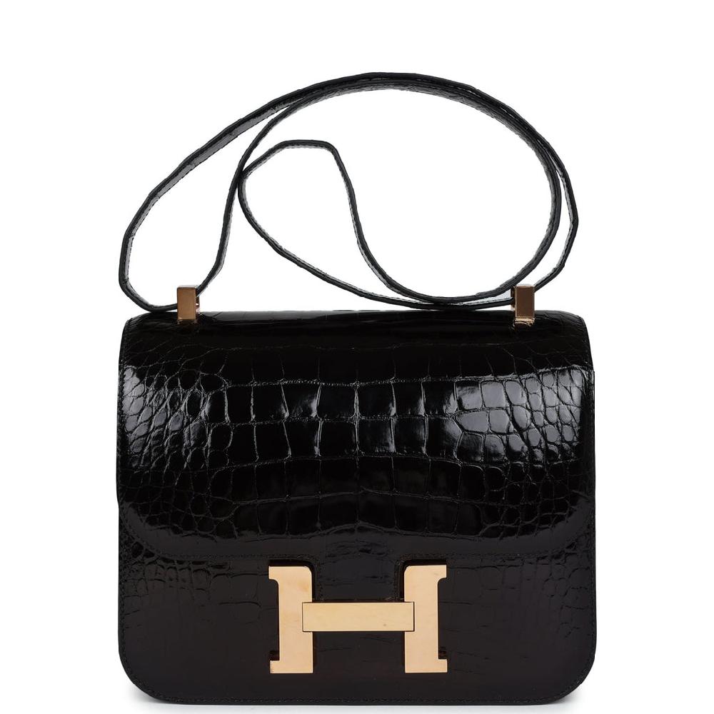 Pre-owned Hermes Constance 24 Black Shiny Alligator Rose Gold Hardware