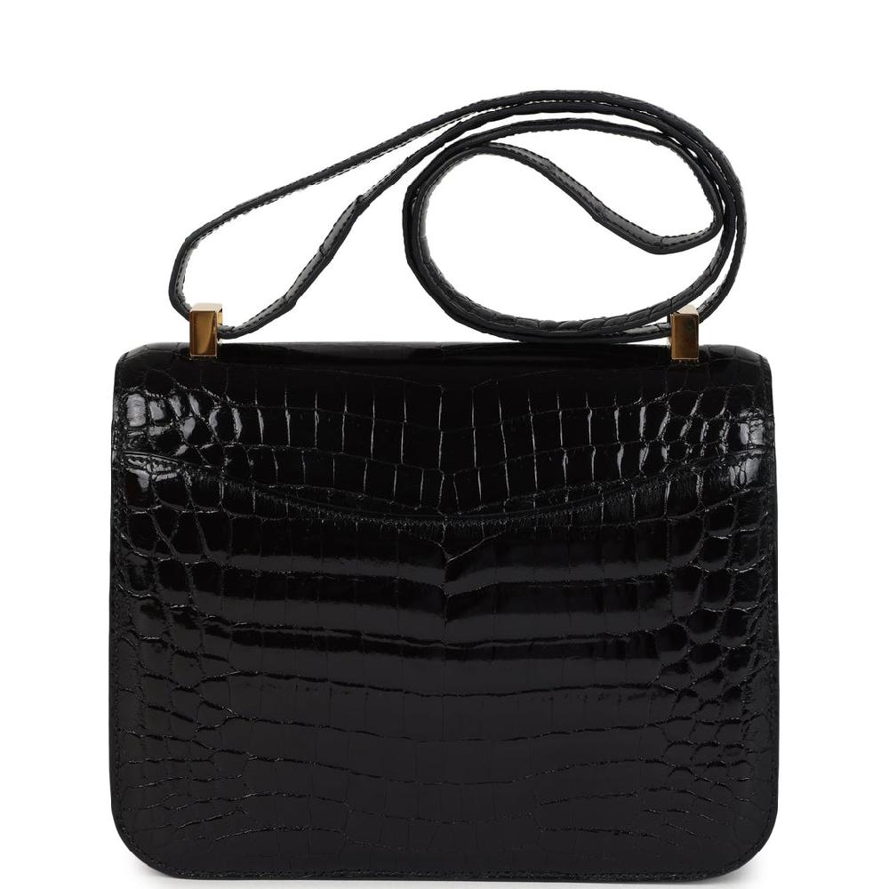 Pre-owned Hermes Constance 24 Black Shiny Niloticus Crocodile Gold Hardware