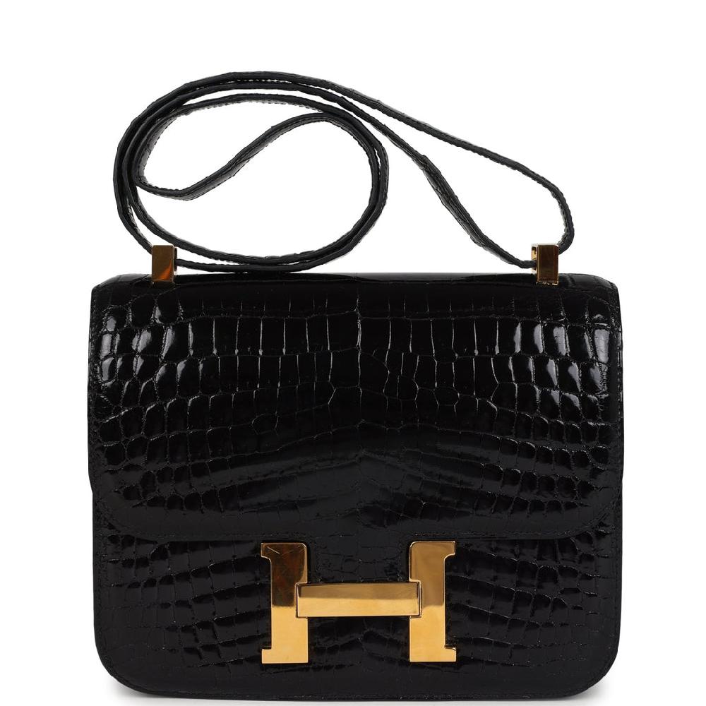 Pre-owned Hermes Constance 24 Black Shiny Niloticus Crocodile Gold Hardware