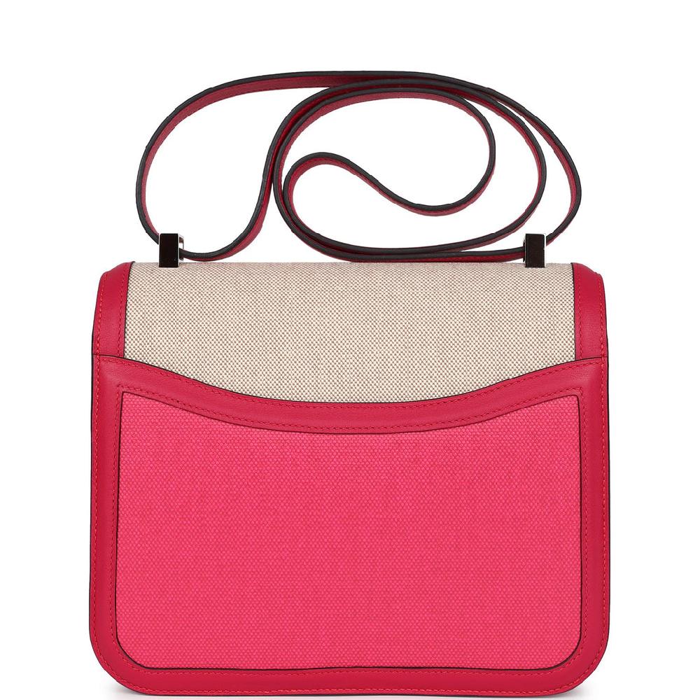 Pre-owned Hermes Constance 24 Rose Shocking And Ecru Toile H Berline And Framboise Swift Palladium Hardware
