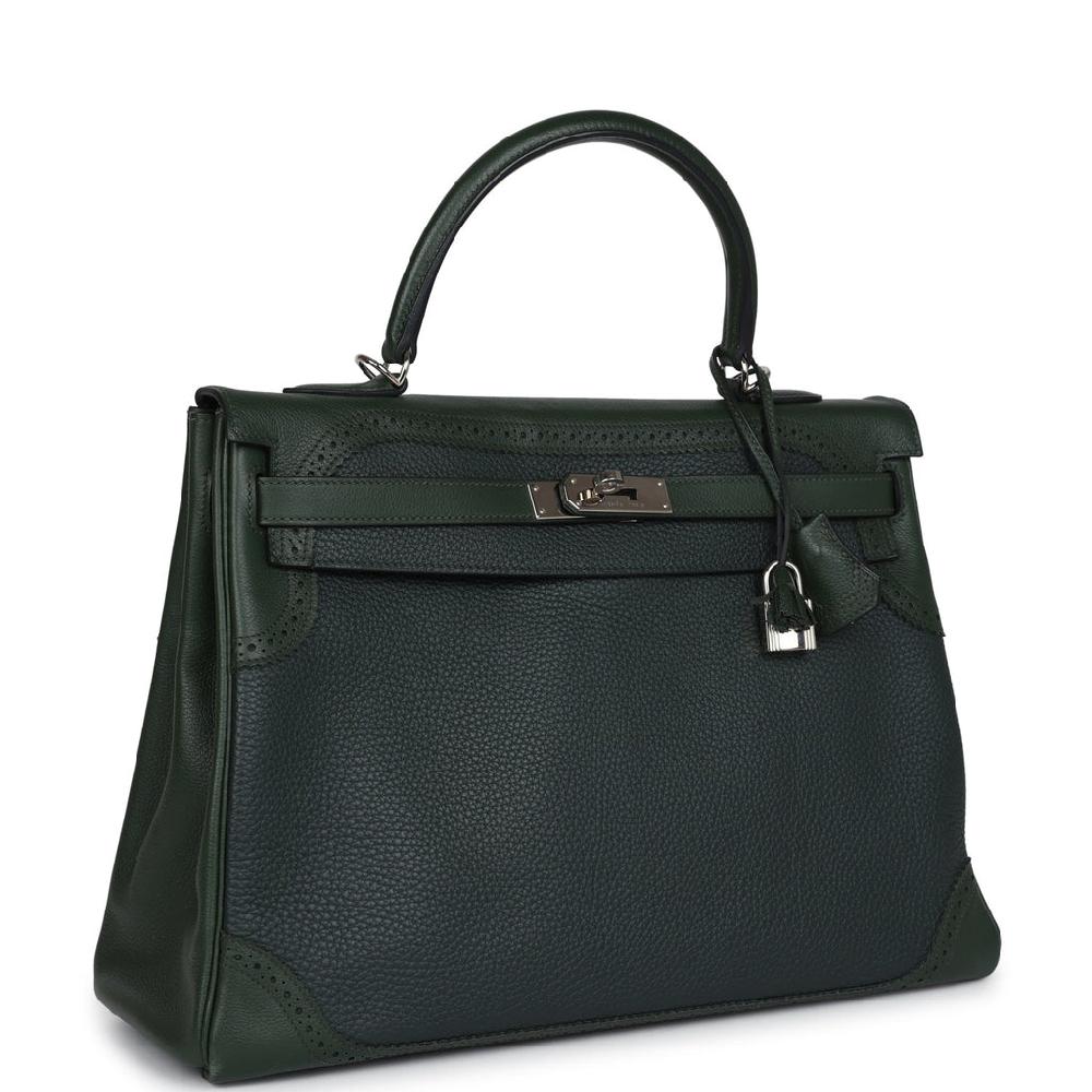 Pre-owned Hermes Ghillies Kelly 35 Retourne Vert Fonce Clemence And Vert Anglais Evercolor Palladium Hardware