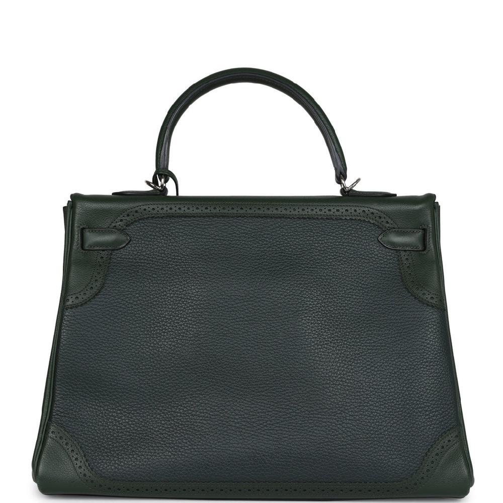 Pre-owned Hermes Ghillies Kelly 35 Retourne Vert Fonce Clemence And Vert Anglais Evercolor Palladium Hardware
