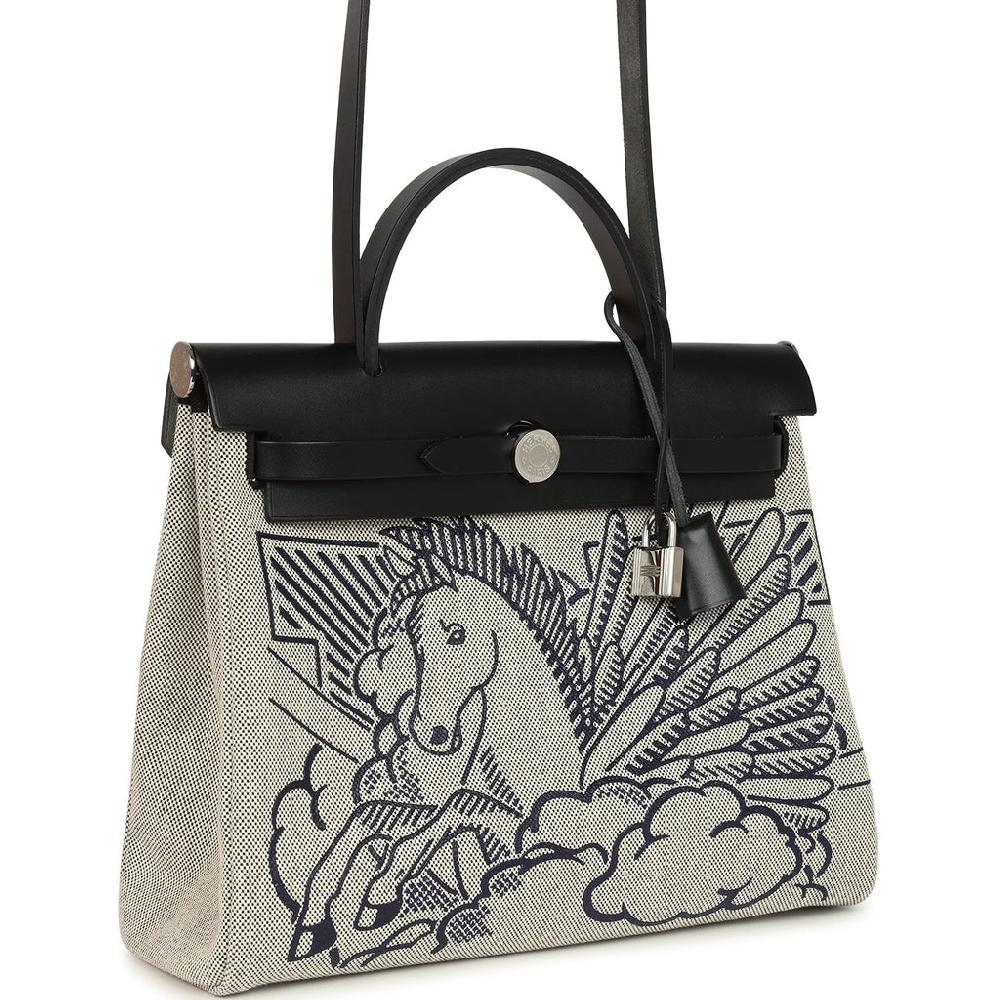 Pre-owned Hermes Herbag Zip Pegase Pop PM 31 Ecru Toile H Canvas And Black Hunter Palladium Hardware