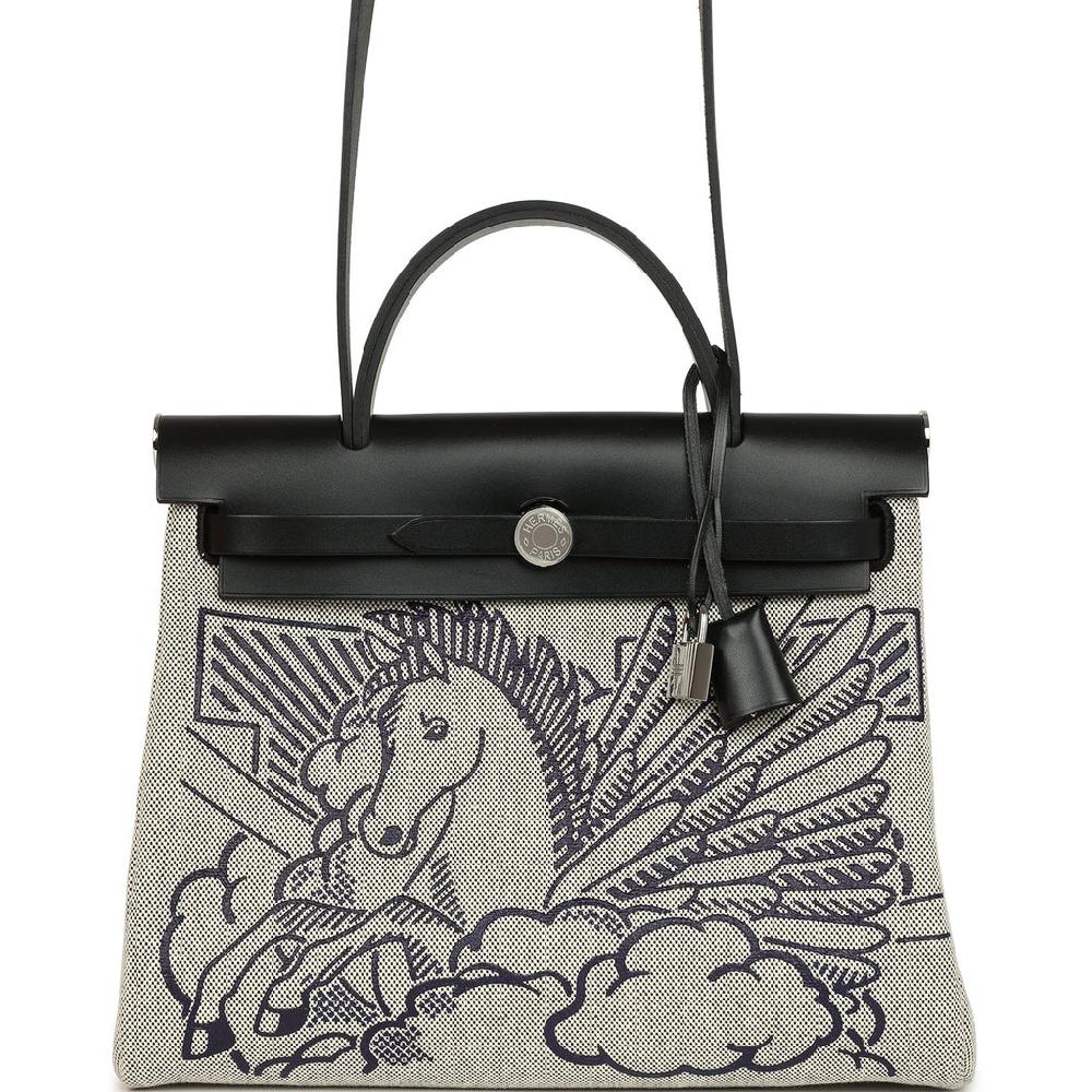 Pre-owned Hermes Herbag Zip Pegase Pop PM 31 Ecru Toile H Canvas and Black Hunter Palladium Hardware
