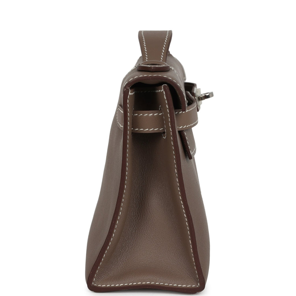 Pre-owned Hermes Kelly Pochette Etoupe Swift Palladium Hardware