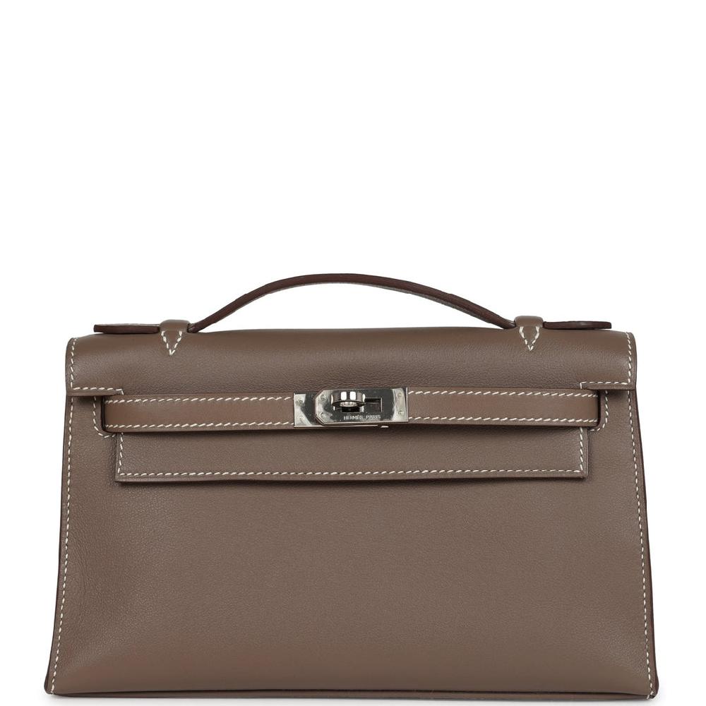 Pre-owned Hermes Kelly Pochette Etoupe Swift Palladium Hardware