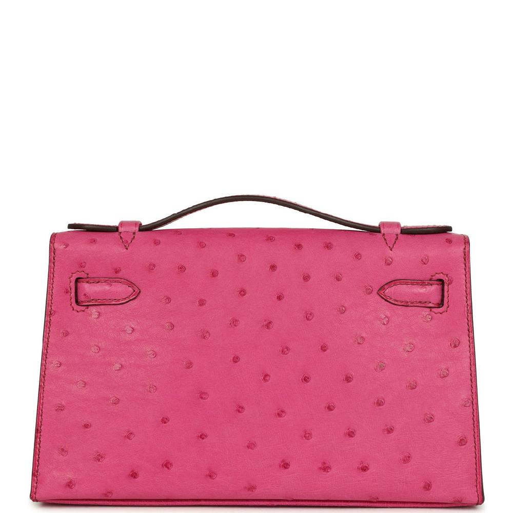 Pre-owned Hermes Kelly Pochette Fuchsia Ostrich Palladium Hardware