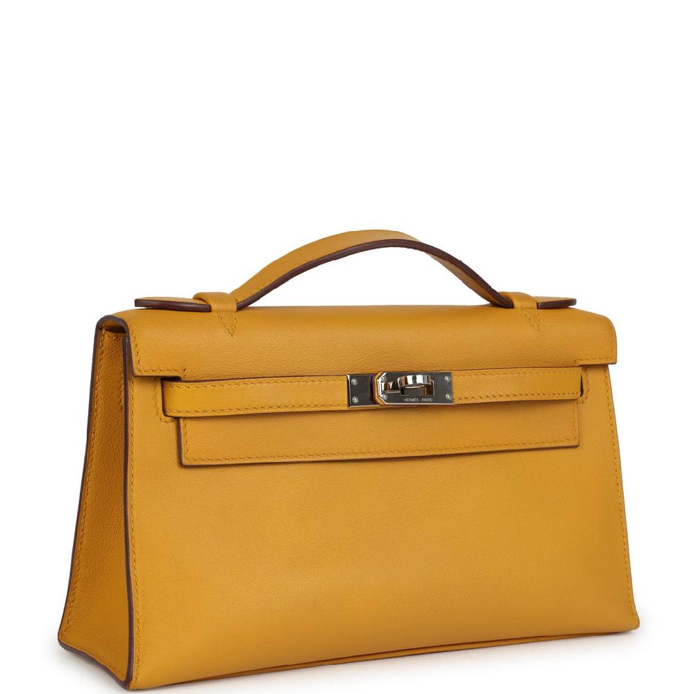 Pre-owned Hermes Kelly Pochette Jaune Ambre Swift Palladium Hardware