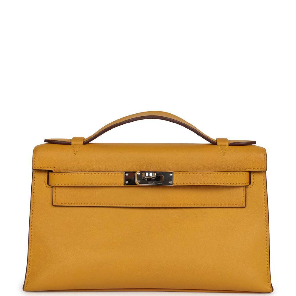 Pre-owned Hermes Kelly Pochette Jaune Ambre Swift Palladium Hardware