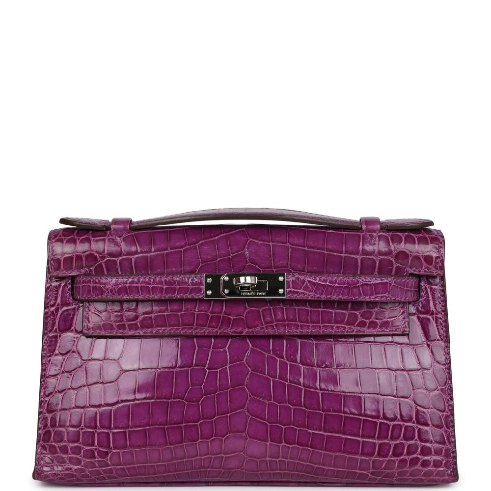 Pre-owned Hermes Kelly Pochette Violet Shiny Niloticus Crocodile Palladium Hardware