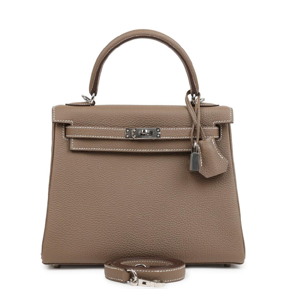 Pre-owned Hermes Kelly Retourne 25 Etoupe Togo Palladium Hardware