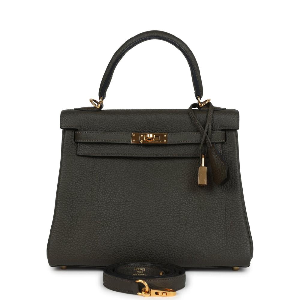 Pre-owned Hermes Kelly Retourne 25 Vert De Gris Togo Gold Hardware